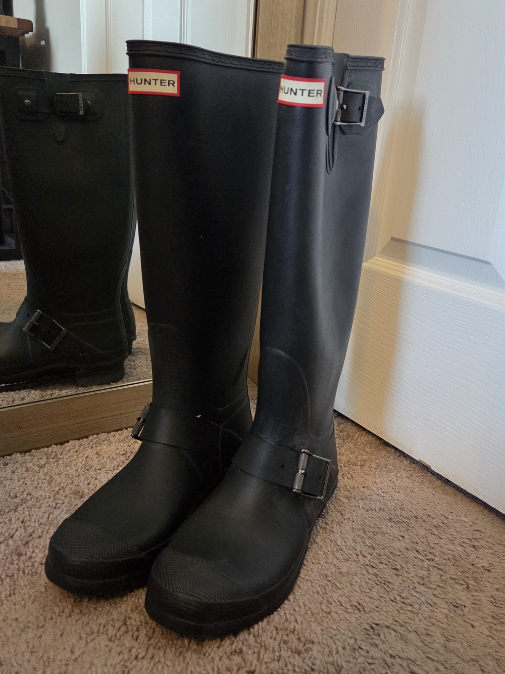 Hunter Black Tall Rain Boots with Buckle Detail